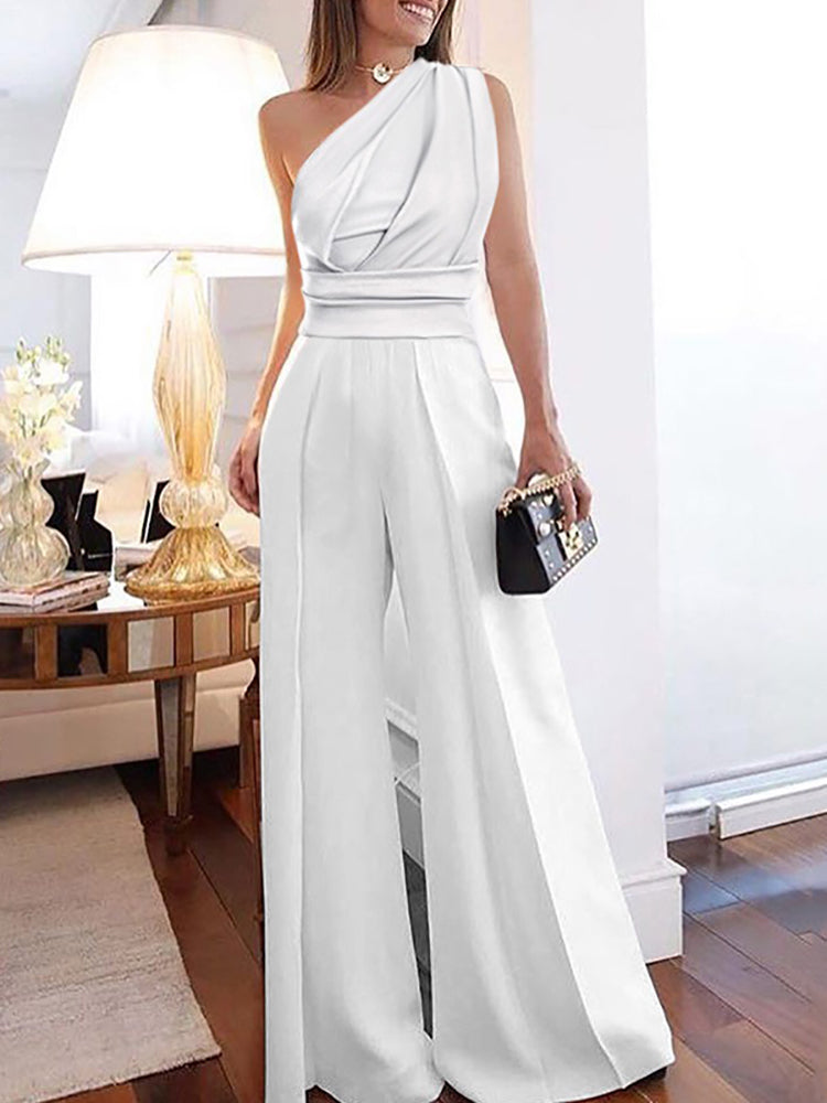 Formal Pure Color Off-Shoulder Sleeveless Jumpsuit