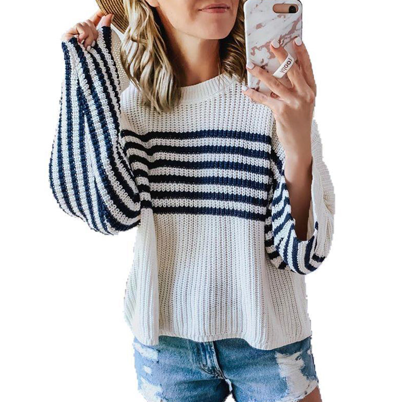 Casual Long Sleeve Striped Round Neck Sweater