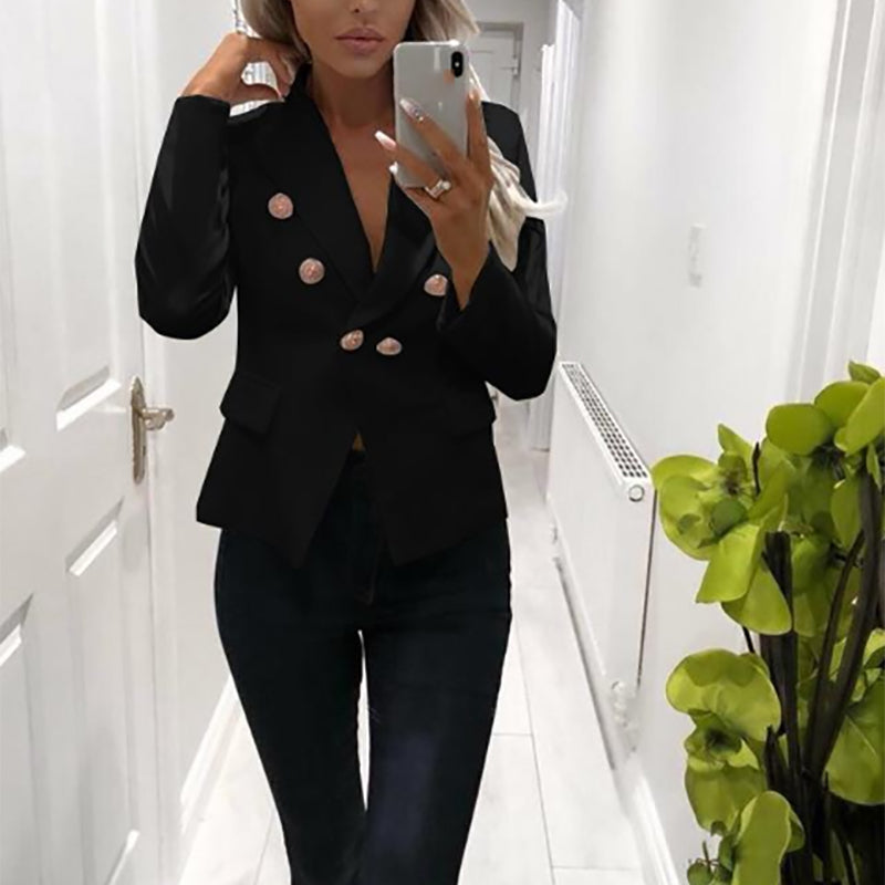 Simple V-neck solid color double-breasted blazer