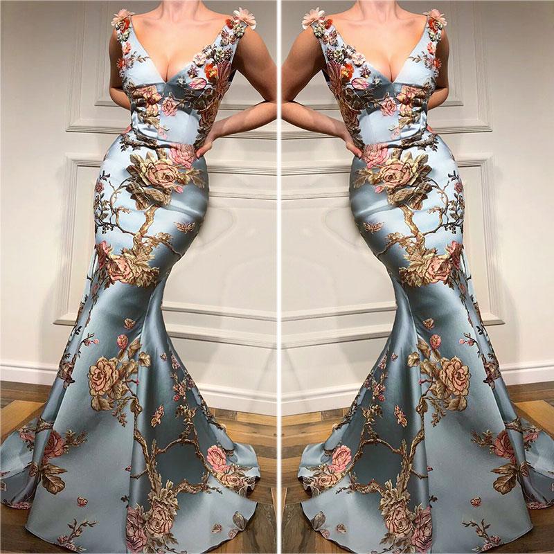 Sexy sleeveless  Embroidery Printed Fishtail Dress