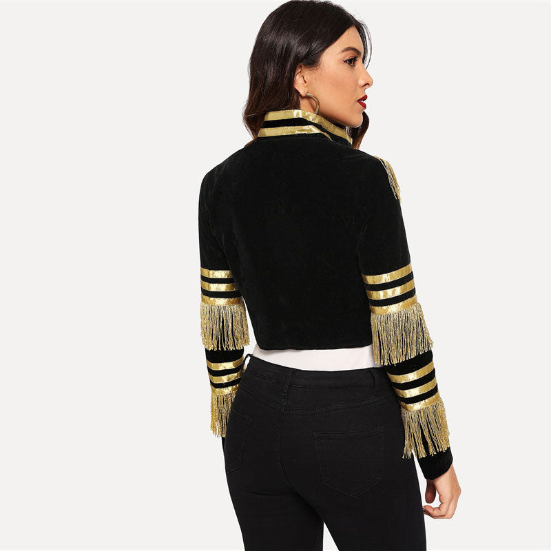 Fashion Stand Collar Fringed Metal Striped Long Sleeve Jackets
