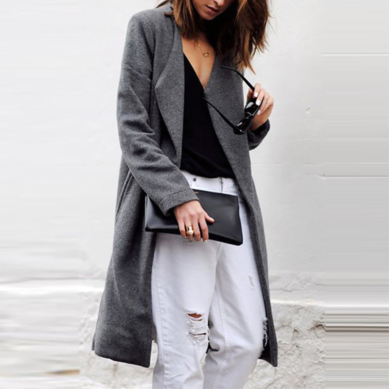 Fashion Women Pockets Lapel Solid Long Coats