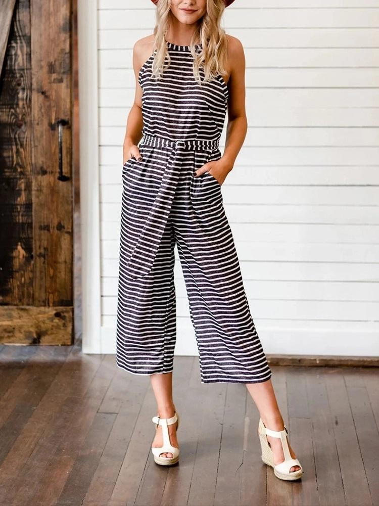 Casual Sleeveless Round Neck Stripe Splicing Jumpsuit