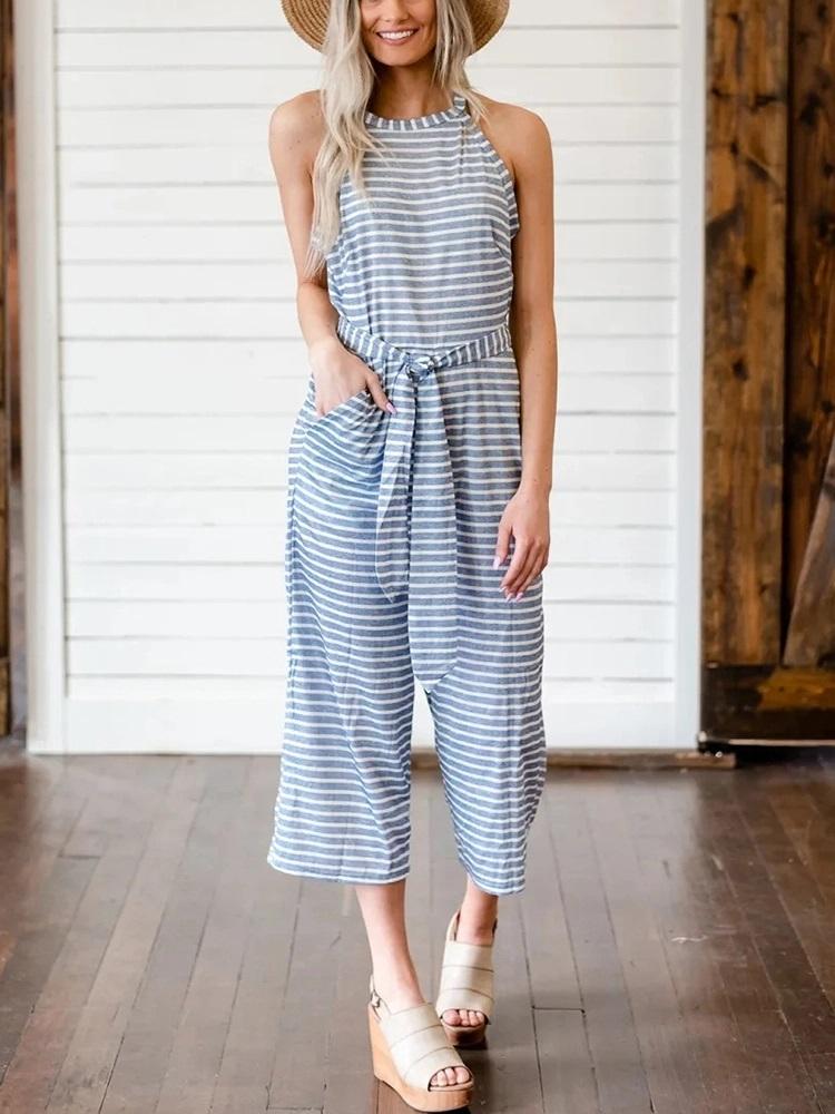 Casual Sleeveless Round Neck Stripe Splicing Jumpsuit