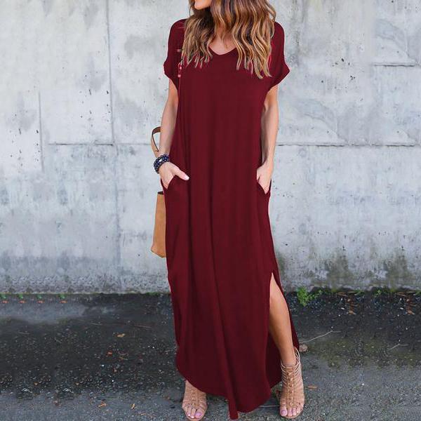 V-Neck  Slit  Plain Maxi Dress