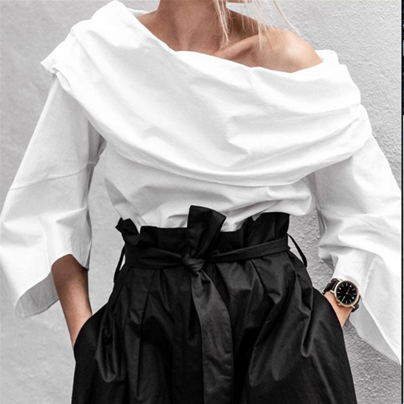 Elegant Sloping Shoulder Middle Sleeve Pure Colour Loose Top