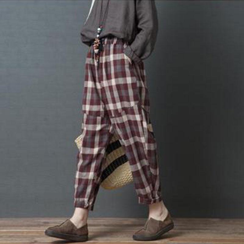 Casual High Waist Slim National Style Cotton And Linen Plaid Haren Pants