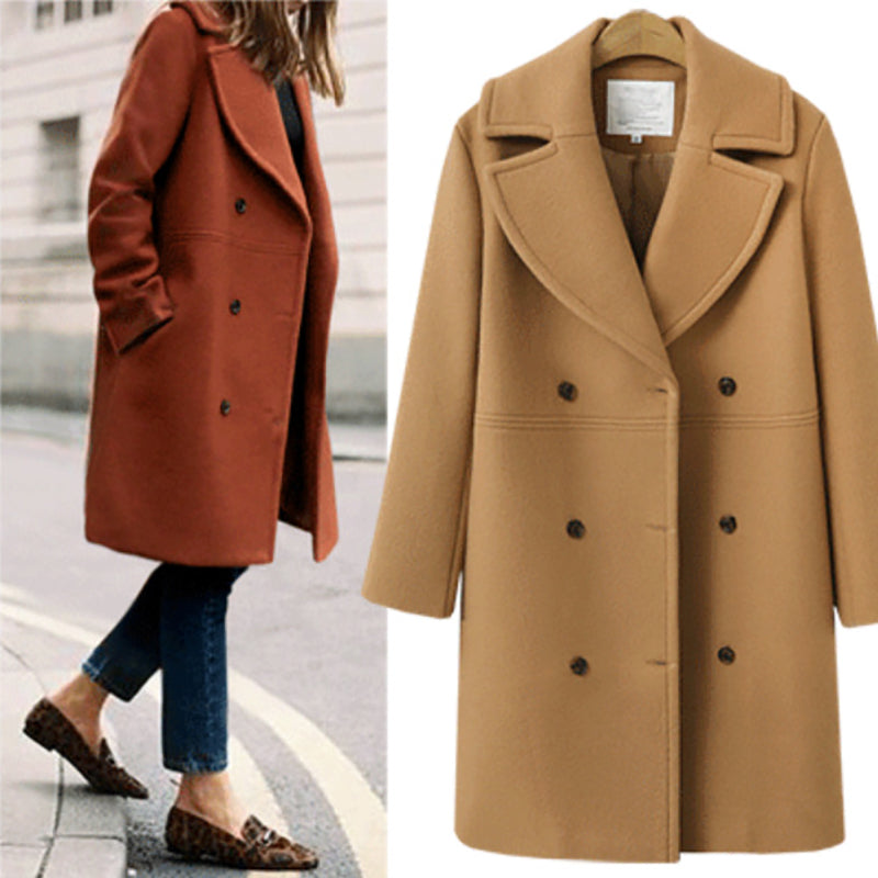 Women Casual Double-breasted Solid Color Cashmere Overcoat