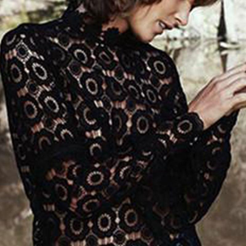 Hollow Lace Lantern Sleeves Fashion Blouse Tops