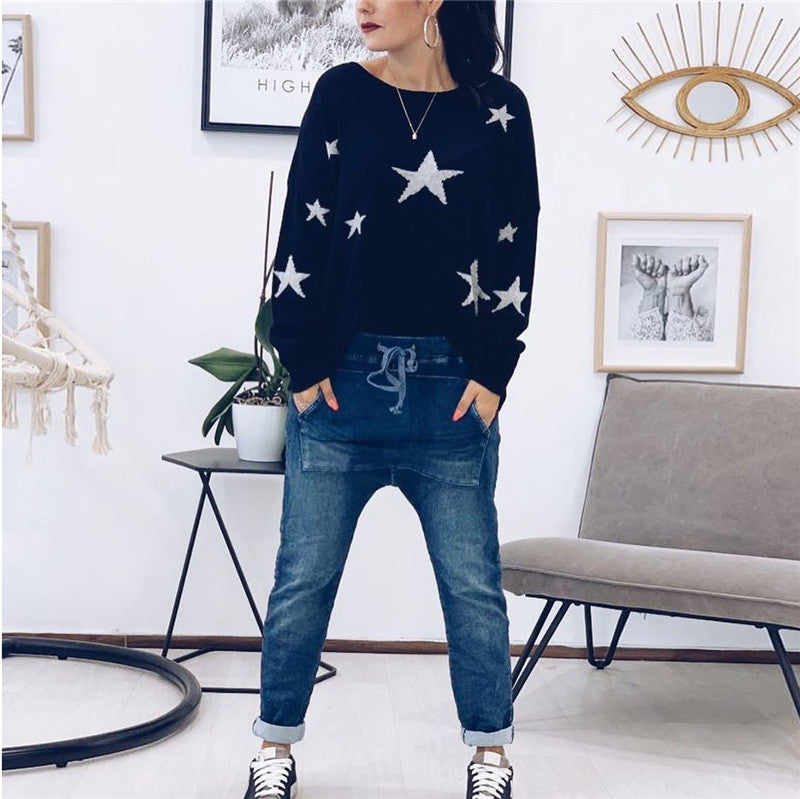 Round neck star print knit top