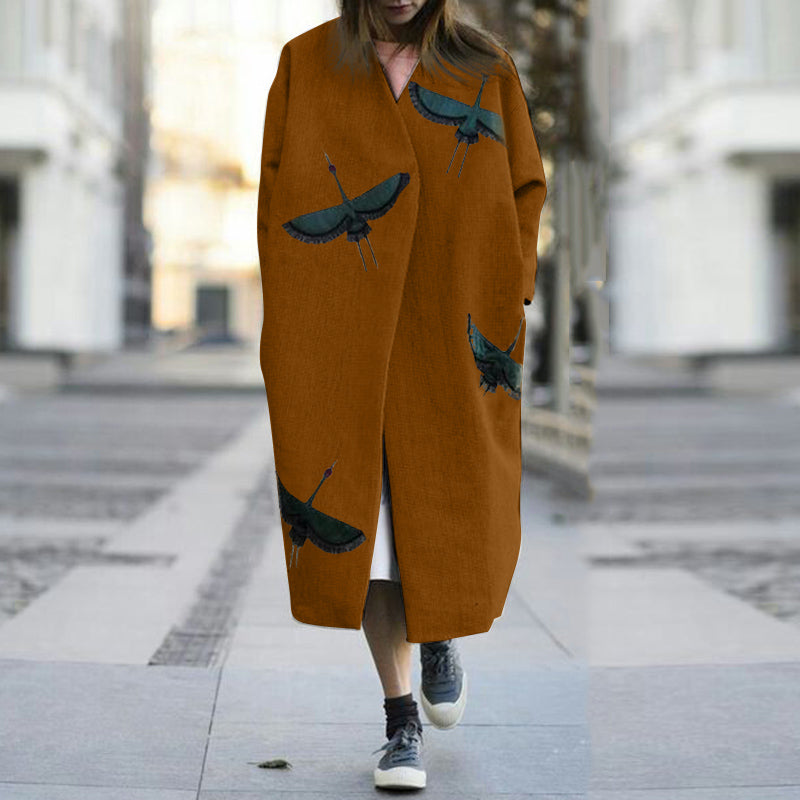 Casual Crane Pattern Loose Long Overcoat