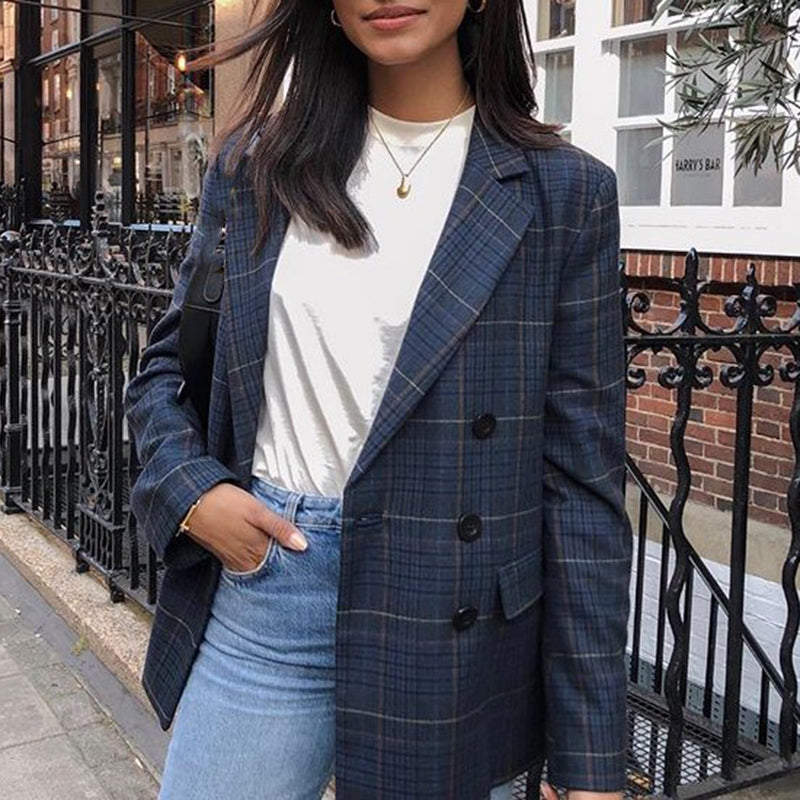 Casual plaid double breasted with lid pocket ladies blazer