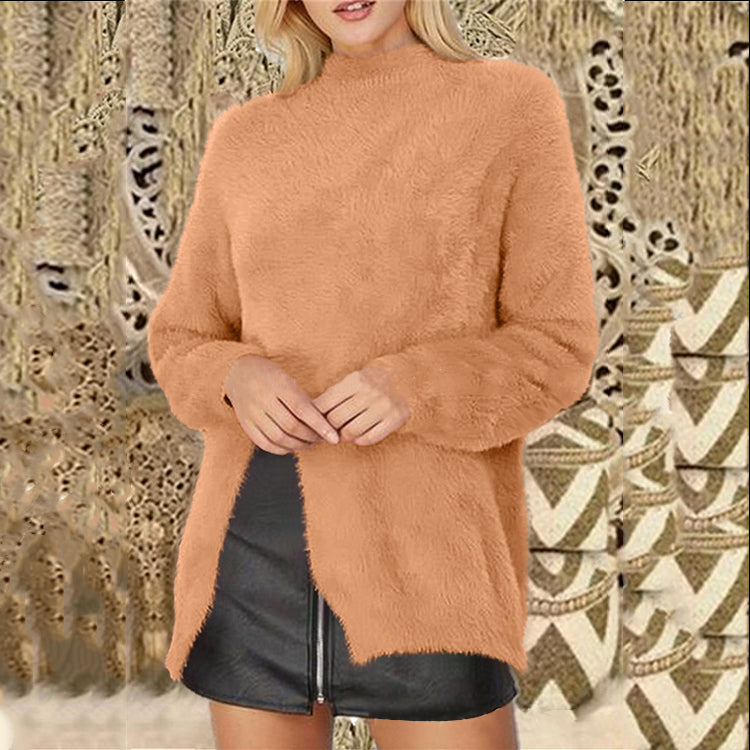 Fashion solid color imitation bristles front slit long long sleeve sweater