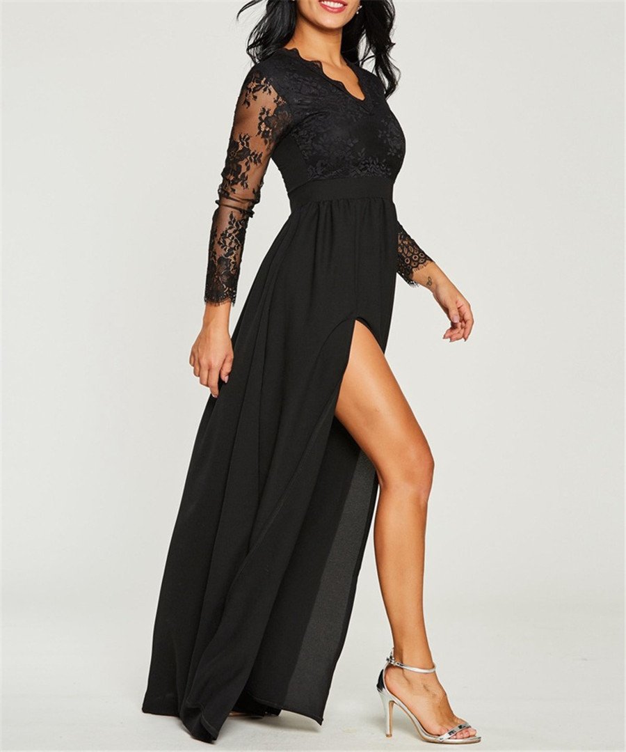 Sexy V-Neck long sleeves Lace Split Evening Dress