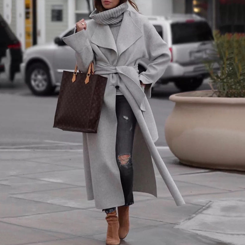 elegant shawl collar belted gray over size long belted coat