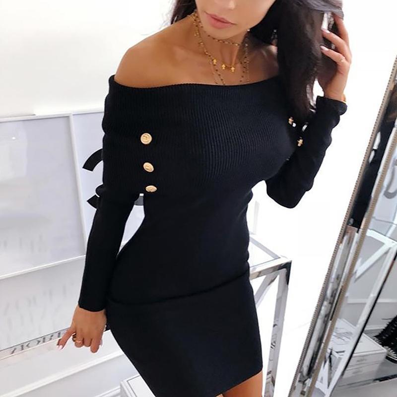 Casual Boat Neck long sleeves Pure Colour Bodycon Dresses