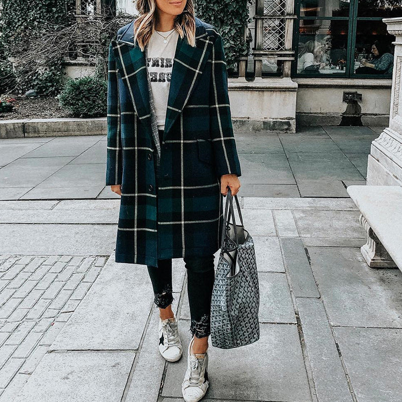 Fashion Fold Collar Button Plaid Coat