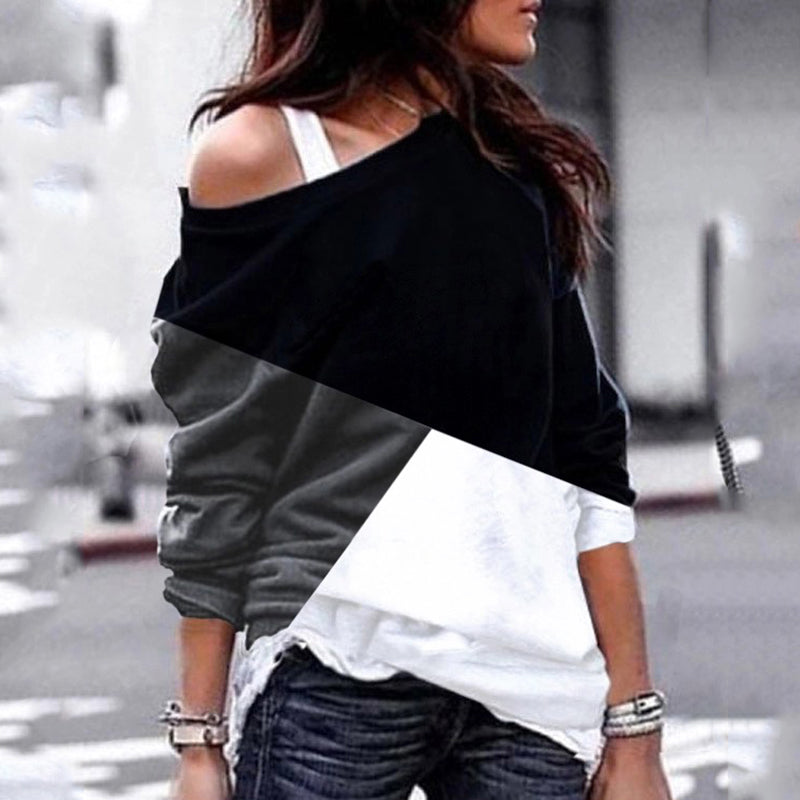Casual Off-the-shoulder collar Pacthwork Color matching Sweater