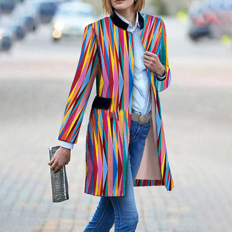 Women's Fashion Striped Digital Print Personality Rainbow Loose Coat