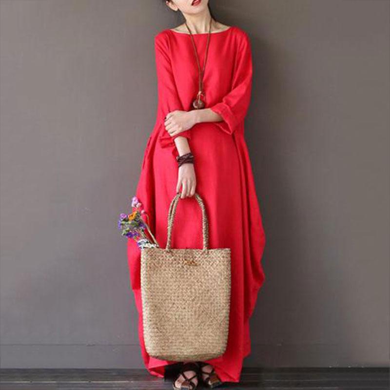 Round Neck long sleeves Pocket Plain Maxi Dress