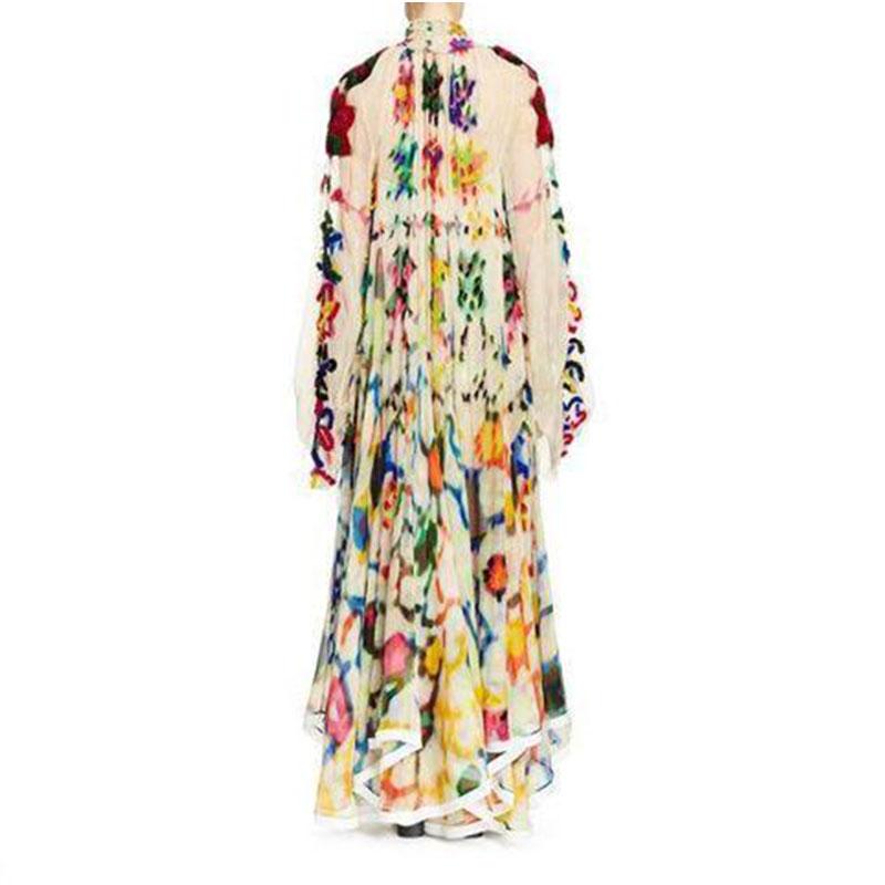 Retro Lapel Long-Sleeve Chiffon Dress