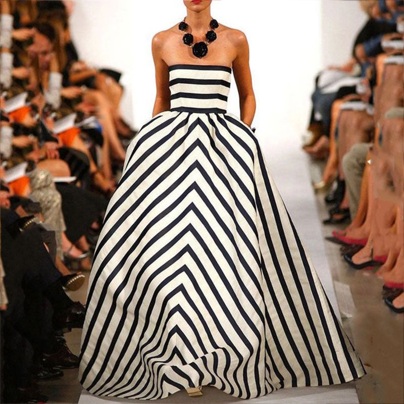 Fashion Boat Neck Off-Shoulder Stripe Sleeveless Dress