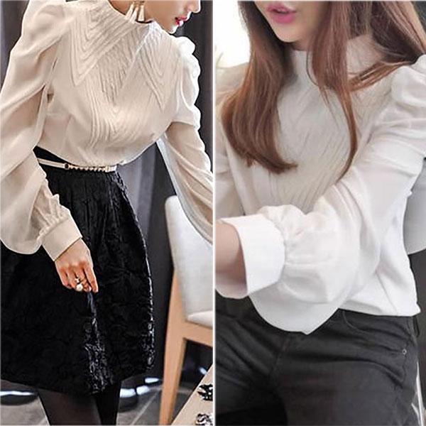 Fashion Bishop Sleeve Stand Collar Chiffon Shirt