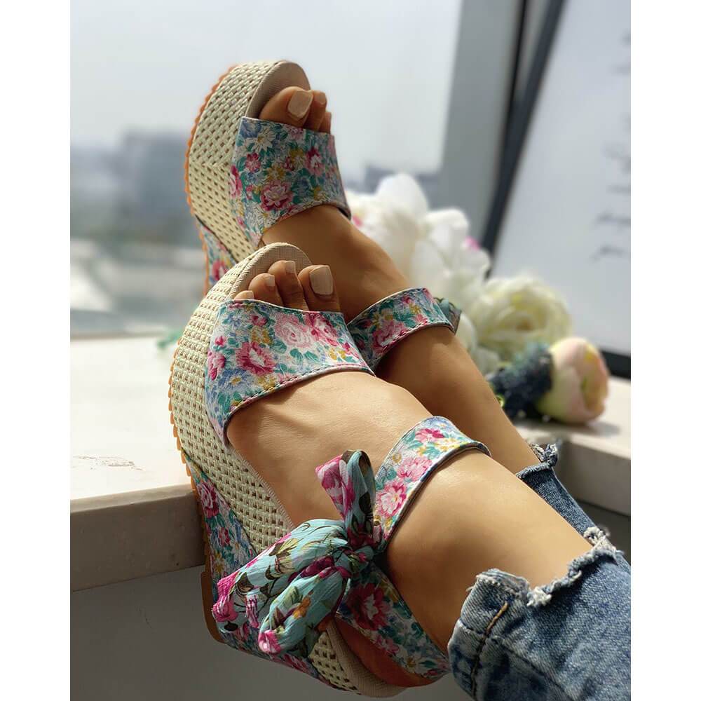 Fashion Wild Casual Floral Bow Wedge Sandals