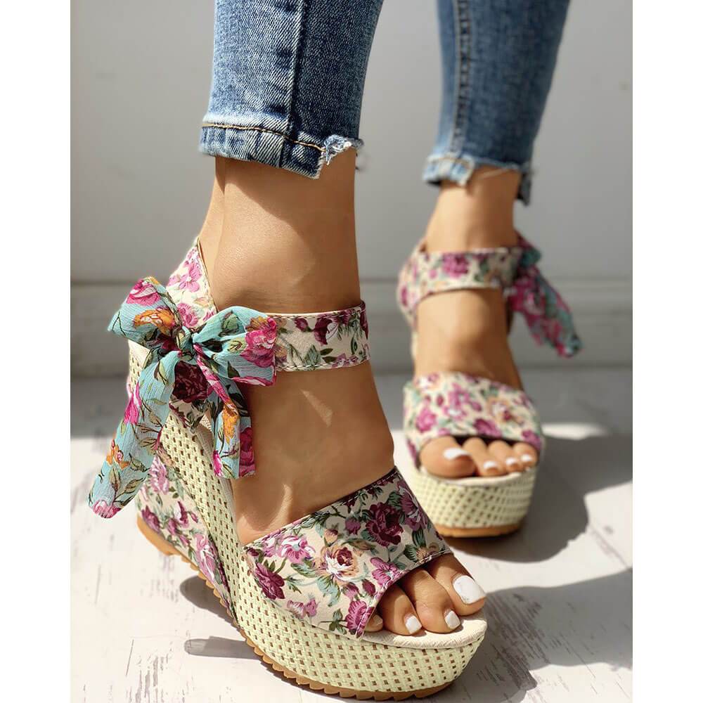 Fashion Wild Casual Floral Bow Wedge Sandals