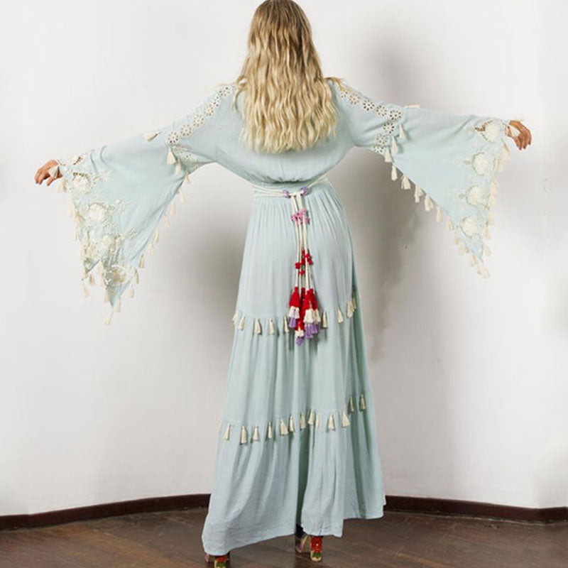 Women's Bohemian Printed Tassel V-Neck Dress