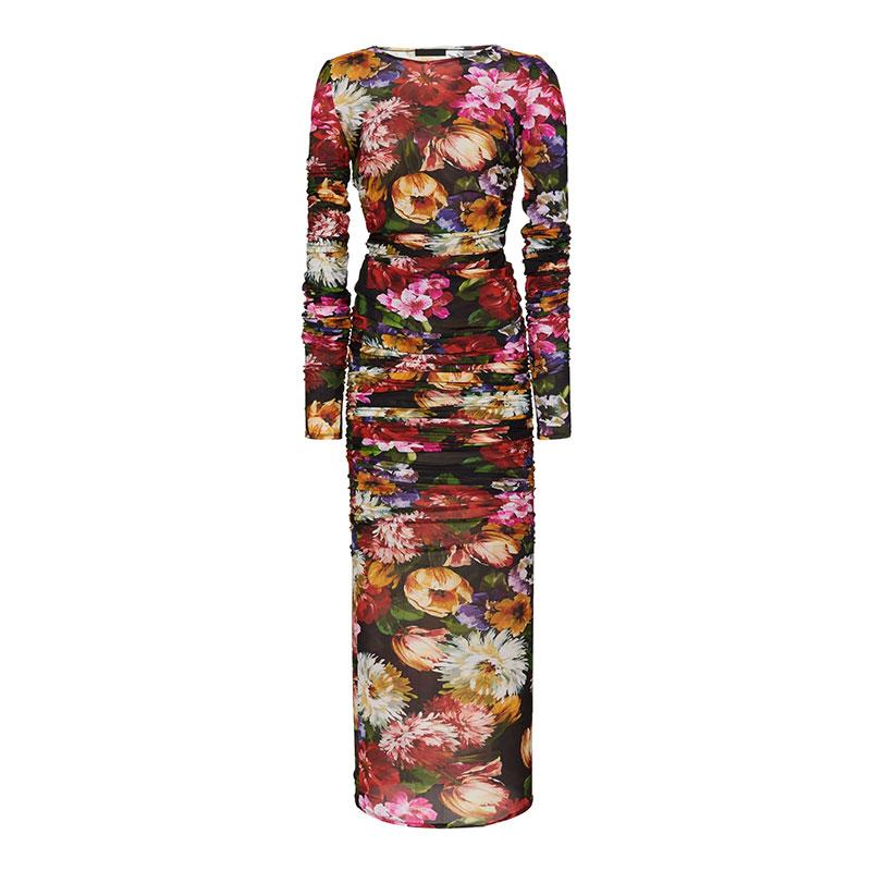 Fashion long sleeve Round Collar Floral Printed Trim Hip Bodycon Dress