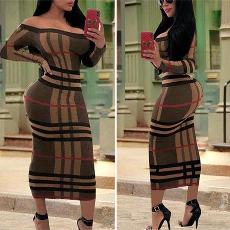 Off Shoulder long sleeves Backless  Contrast Stitching  Plaid Bodycon Dresses