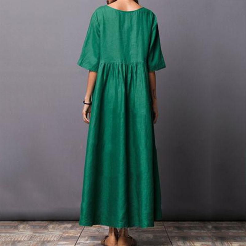 Round Neck  Plain  Cotton/Linen short sleeves Dress