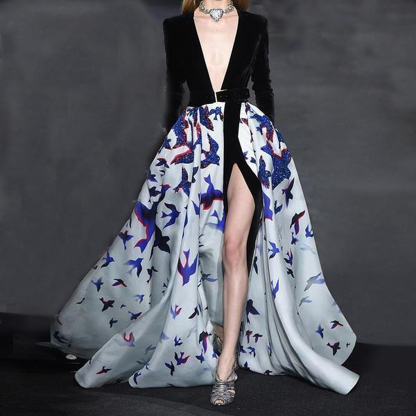 Elegant Fashion V Neck  Floral  Printed Long Sleeve  Maxi Dress