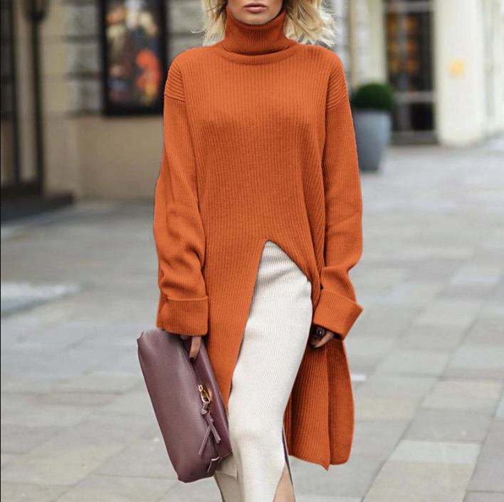 Casual Solid Color High Collar Long Sleeve Split Long Sweater