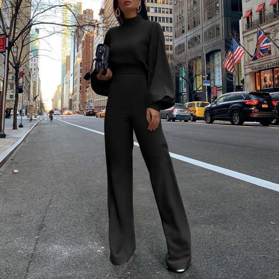 Fashion Bishop Sleeve Pure Colour Half Collar Jumpsuits