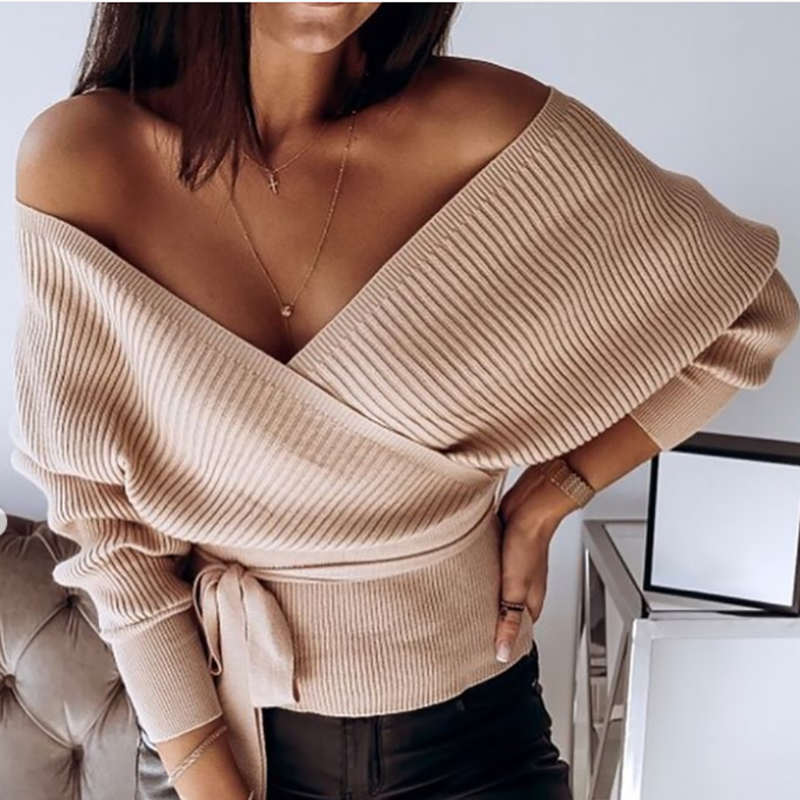 Sexy V Neck Long Sleeve Pure Color Sweater