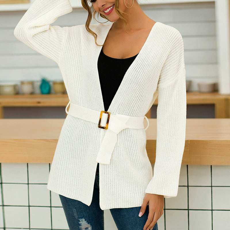 Women's Casual Long Sleeve Pure Color Belted Knit Cardigan