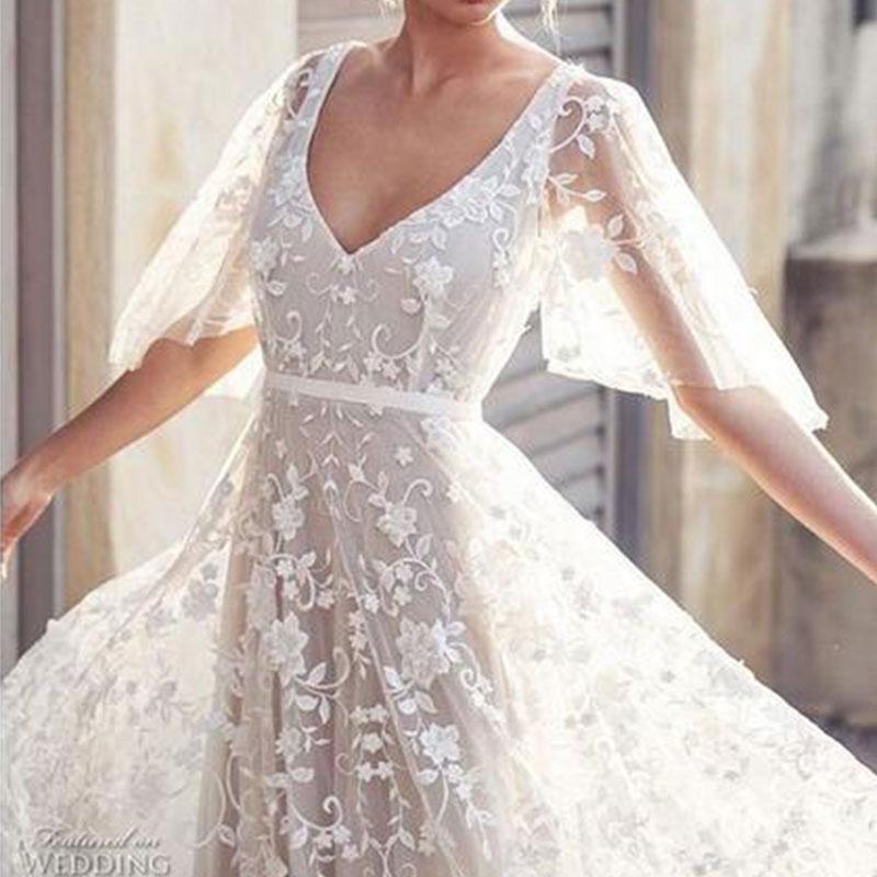 Sexy Deep V Neck Backless long sleeves Lace Dress