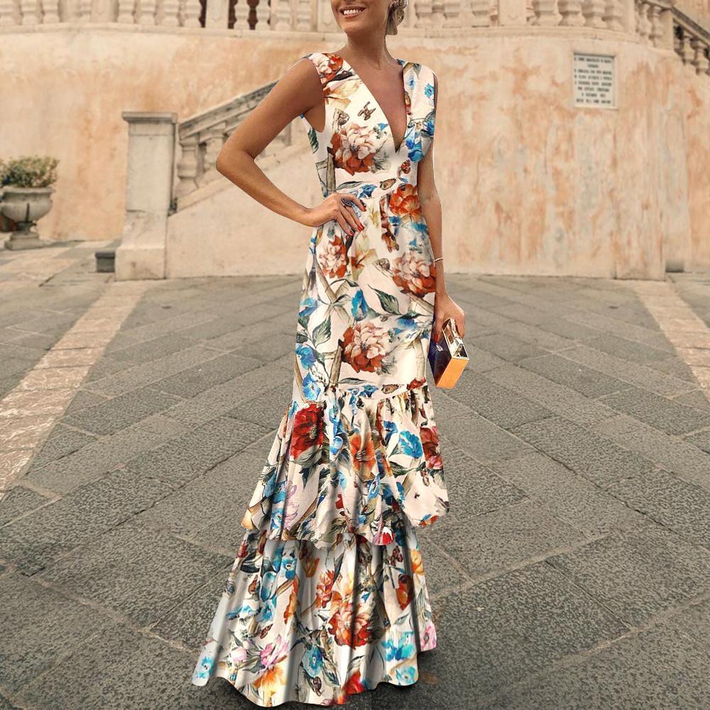 Fashion V Collar sleeveless Floral Printed Maxi Dress