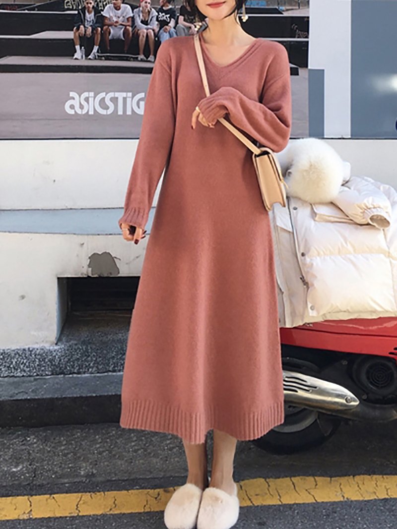 Casual V Neck long sleeve Pure Colour Loose Knitted Dresses