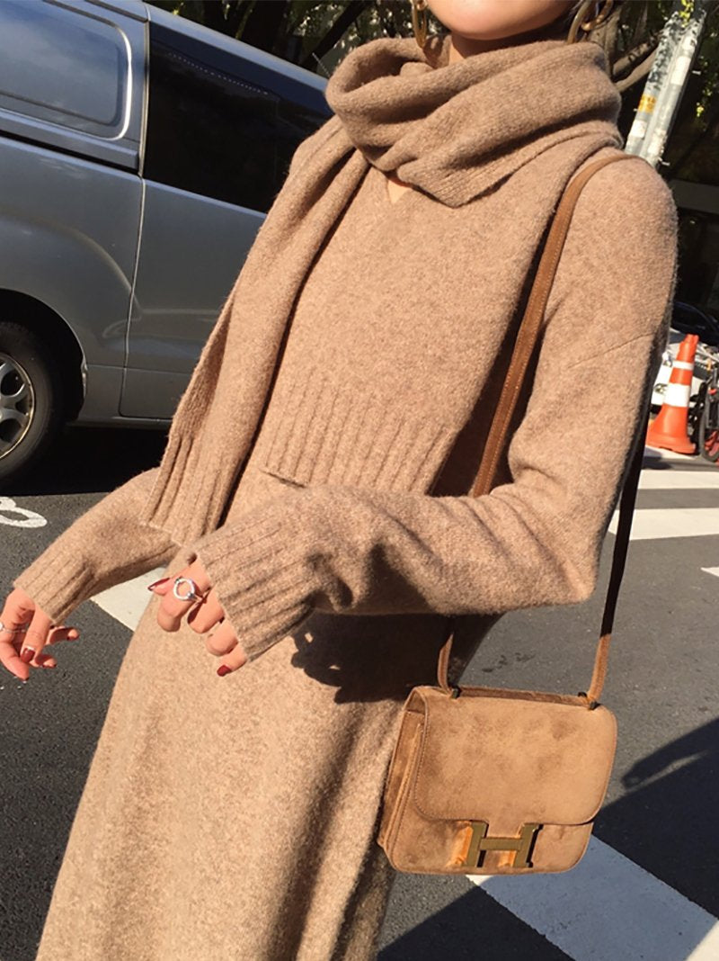 Casual V Neck long sleeve Pure Colour Loose Knitted Dresses