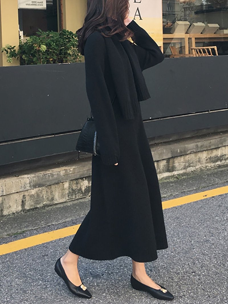 Casual V Neck long sleeve Pure Colour Loose Knitted Dresses