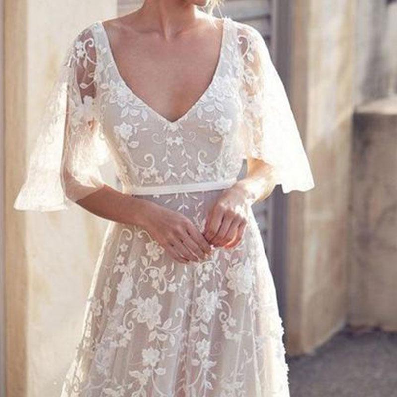 Sexy Deep V Neck Backless long sleeves Lace Dress