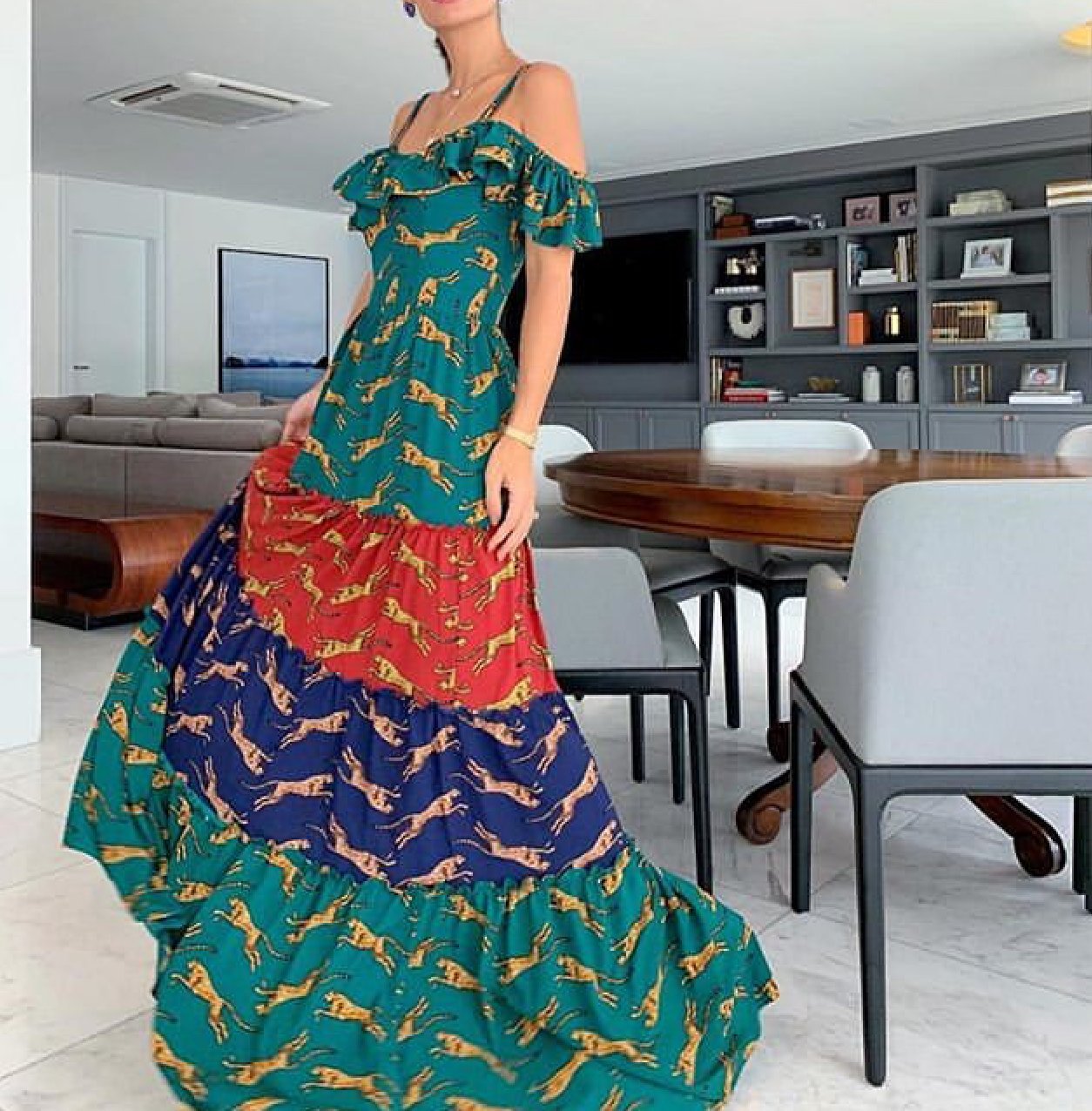 Temperament Contrast Color Printing Ruffled Sling sleeveless Dress