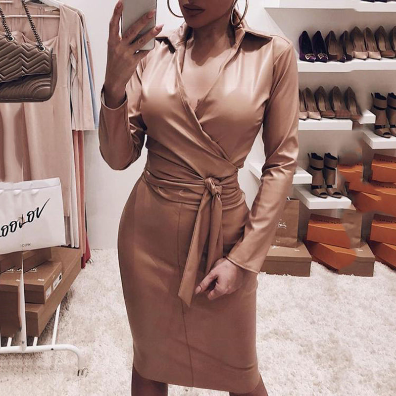 Women's Sexy Pu Leather V-Neck Slim Belted Pure Color Dress