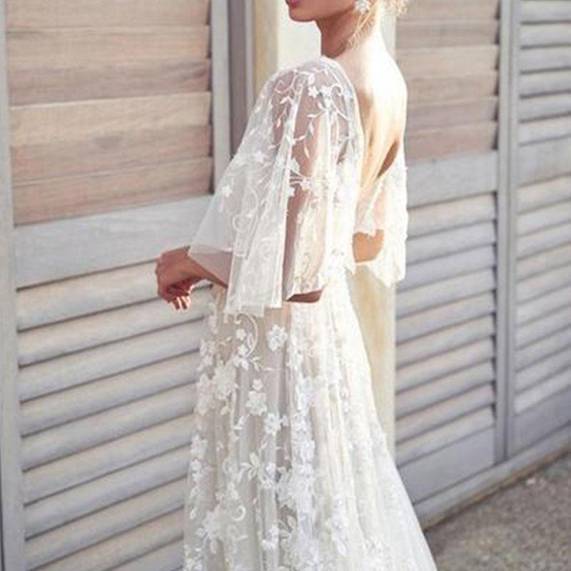 Sexy Deep V Neck Backless long sleeves Lace Dress