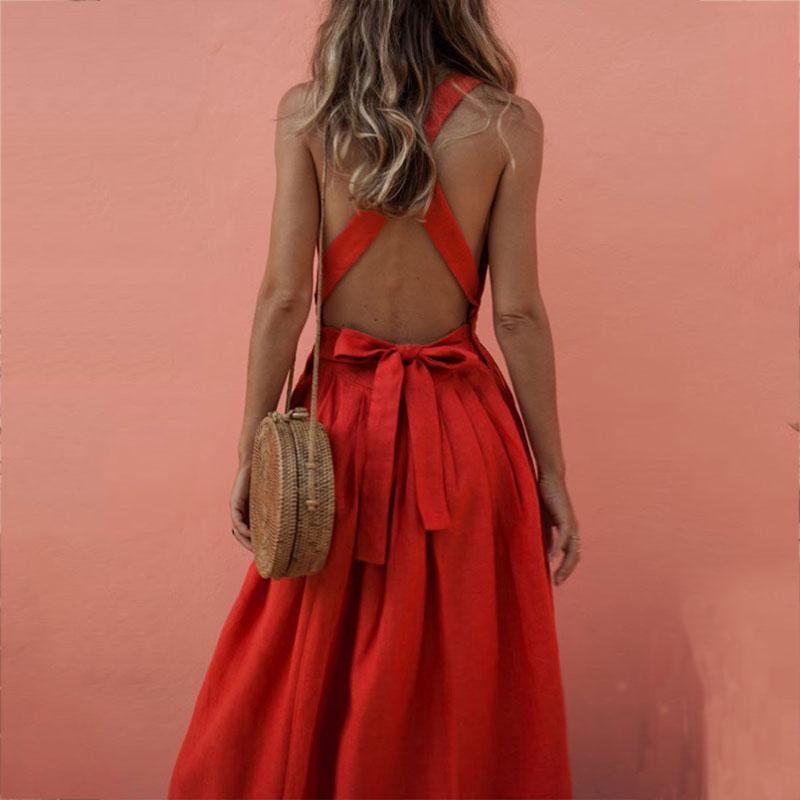 Sexy Backless Cross Sleeveless Plain Vacation Dresses