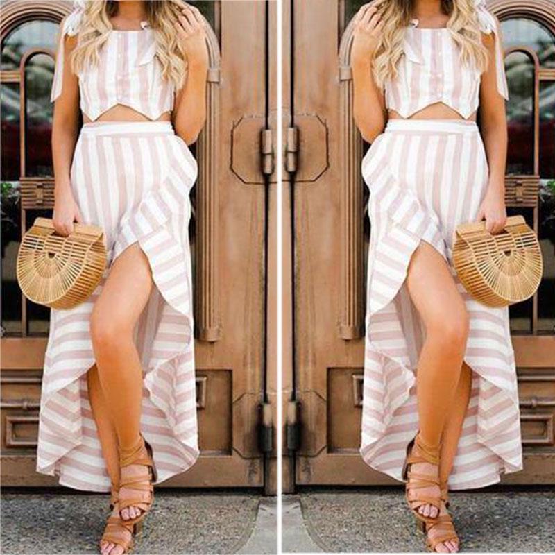 Striped short sleeves Ruffled Irregular Hem Dress Set