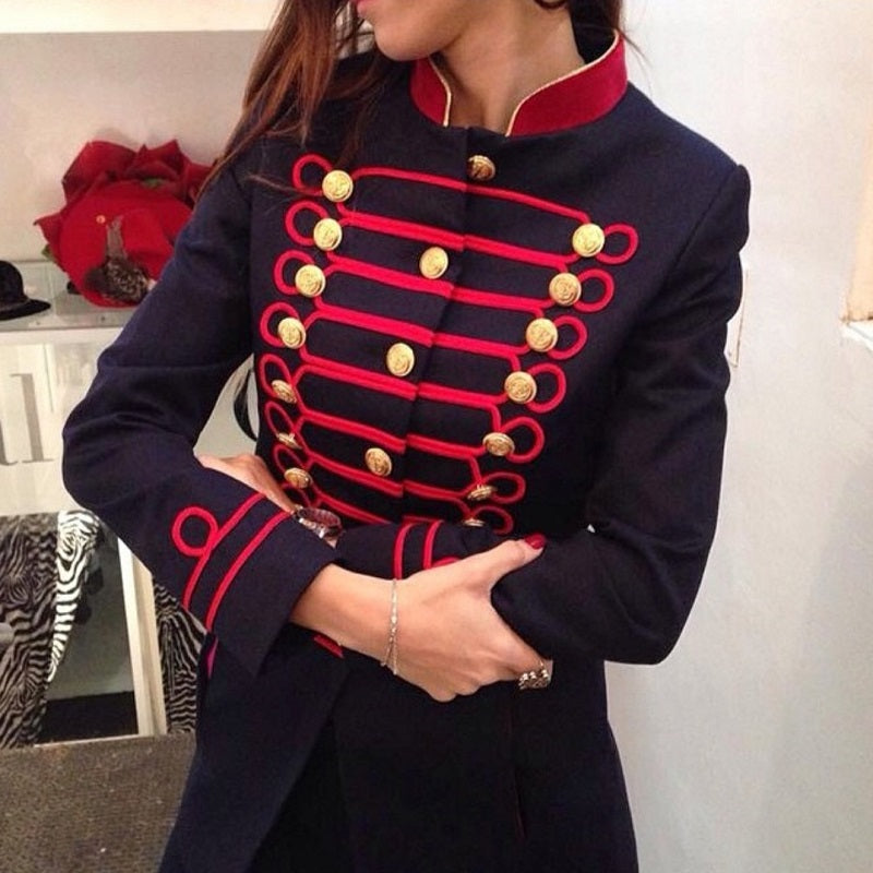 Women's Military Style Standing Collar Long Sleeve Coat
